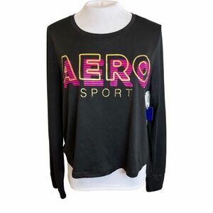 Aeropostale Sport Black Long Sleeve Retro Graphic Performance Workout Tee L, NWT